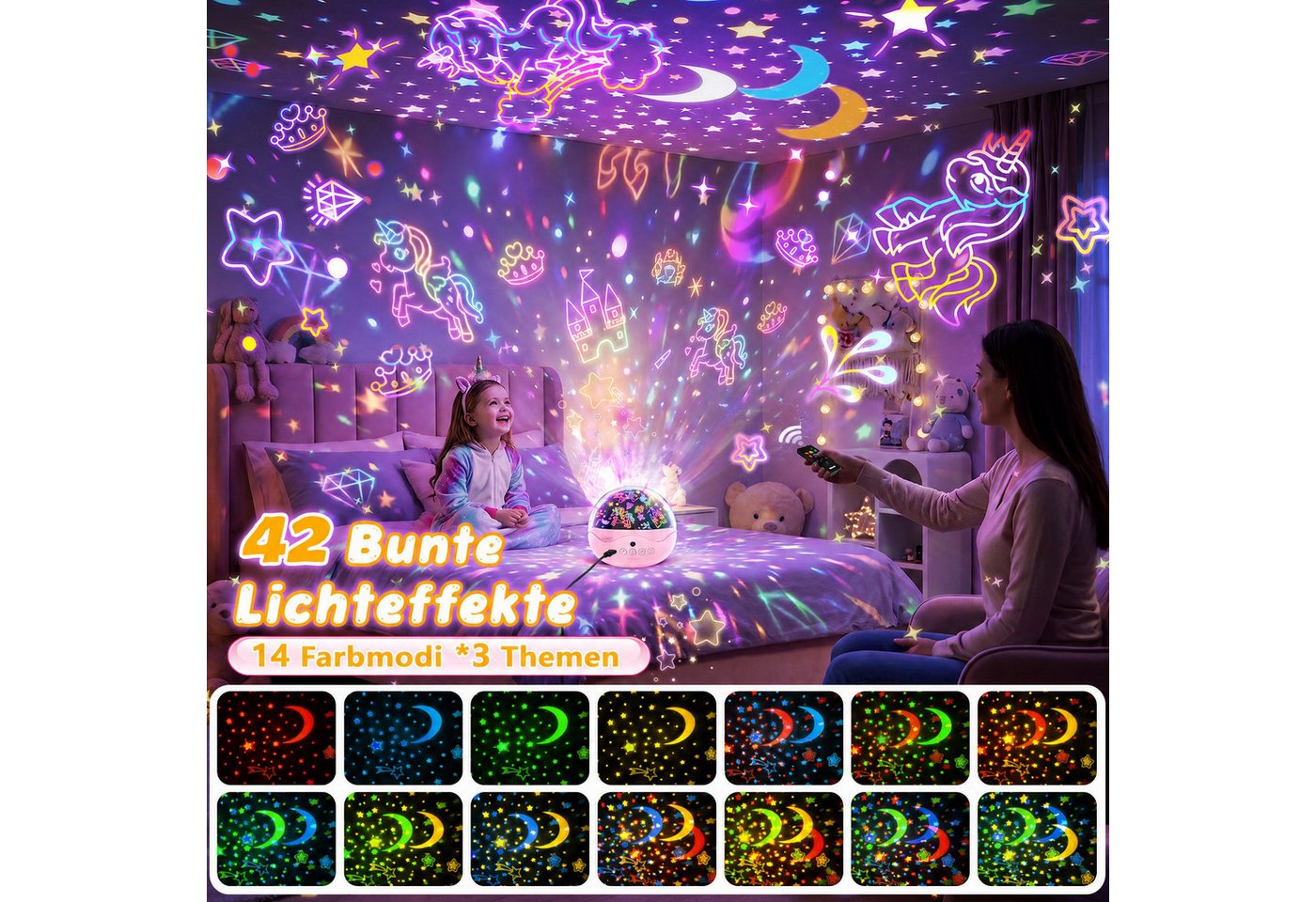 Wootoy LED-Sternenhimmel Einhorn Nachtlicht Projektor 360° drehbar Sternenprojektor Lampe, 360° Projektion Timer und 3 Helligkeitsstufen, LED fest integriert, farbwechsler, Kinder Sternenprojektor Nachtlicht mit 3 Themen 42 Lichteffekte Bild 2