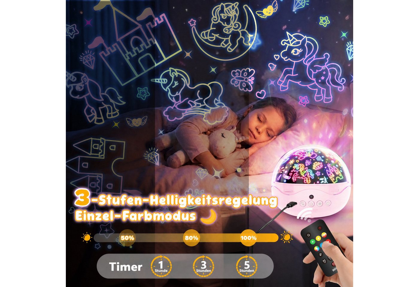Wootoy LED-Sternenhimmel Einhorn Nachtlicht Projektor 360° drehbar Sternenprojektor Lampe, 360° Projektion Timer und 3 Helligkeitsstufen, LED fest integriert, farbwechsler, Kinder Sternenprojektor Nachtlicht mit 3 Themen 42 Lichteffekte Bild 3