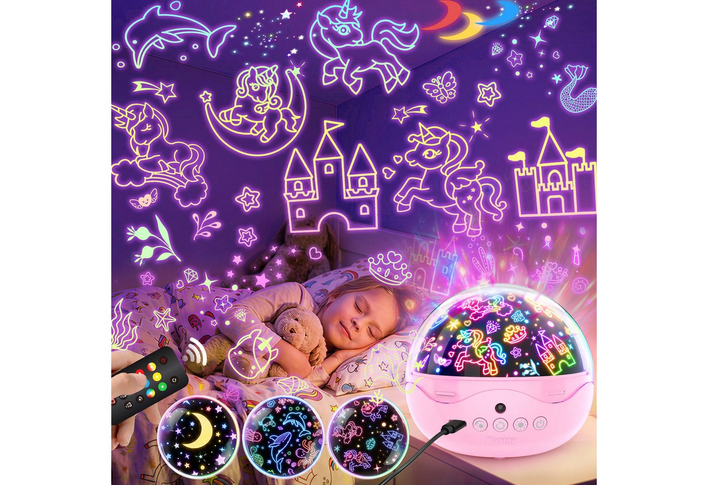 Wootoy LED-Sternenhimmel Einhorn Nachtlicht Projektor 360° drehbar Sternenprojektor Lampe, 360° Projektion Timer und 3 Helligkeitsstufen, LED fest integriert, farbwechsler, Kinder Sternenprojektor Nachtlicht mit 3 Themen 42 Lichteffekte Bild 4