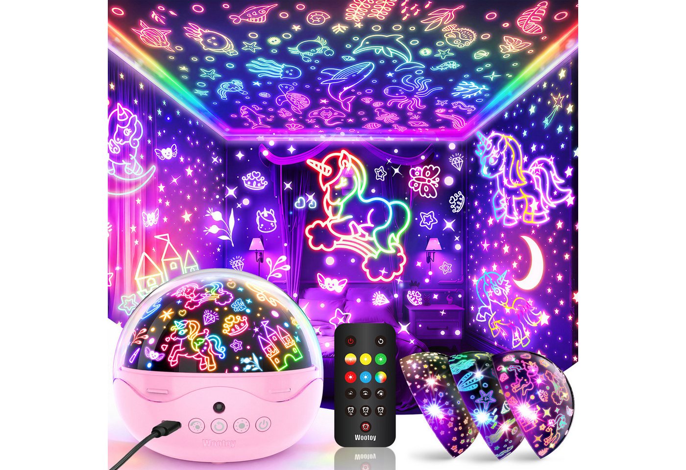 Wootoy LED-Sternenhimmel Einhorn Nachtlicht Projektor 360° drehbar Sternenprojektor Lampe, 360° Projektion Timer und 3 Helligkeitsstufen, LED fest integriert, farbwechsler, Kinder Sternenprojektor Nachtlicht mit 3 Themen 42 Lichteffekte Bild 5