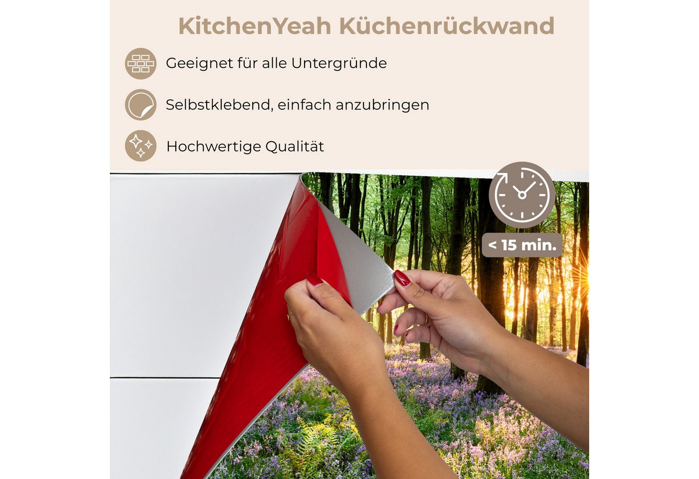KitchenYeah Küchenrückwand selbstklebend Wald - Blumen - Lavendel - Sonne - Lila - Natur, (1-tlg), Spritzschutz, Küche, Rückwand, Küchenwand, Küchenfront, 80x60 cm