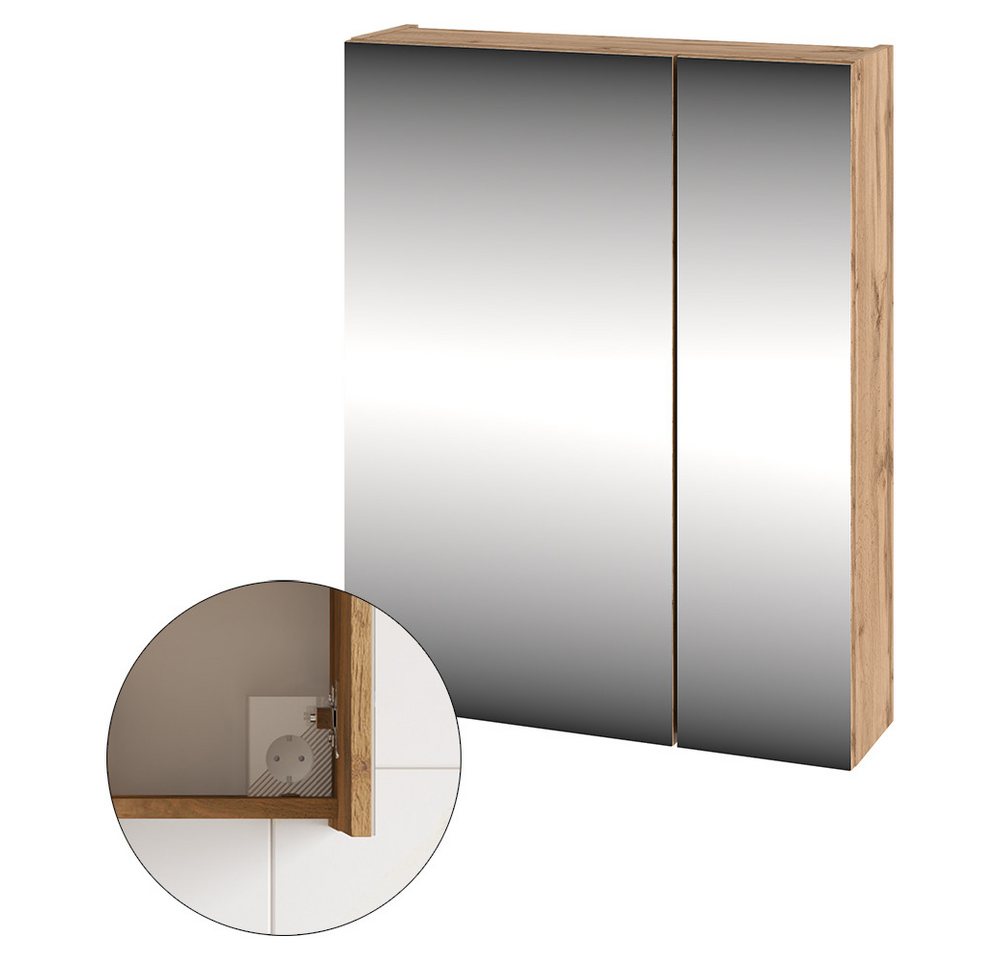 Lomadox Badmöbel-Set CALURI-140, (Spar-Set, 3-St., Spiegelschrank Waschtisch Hochschrank), in Eiche mit gerillter Front, grifflos, wandhängend