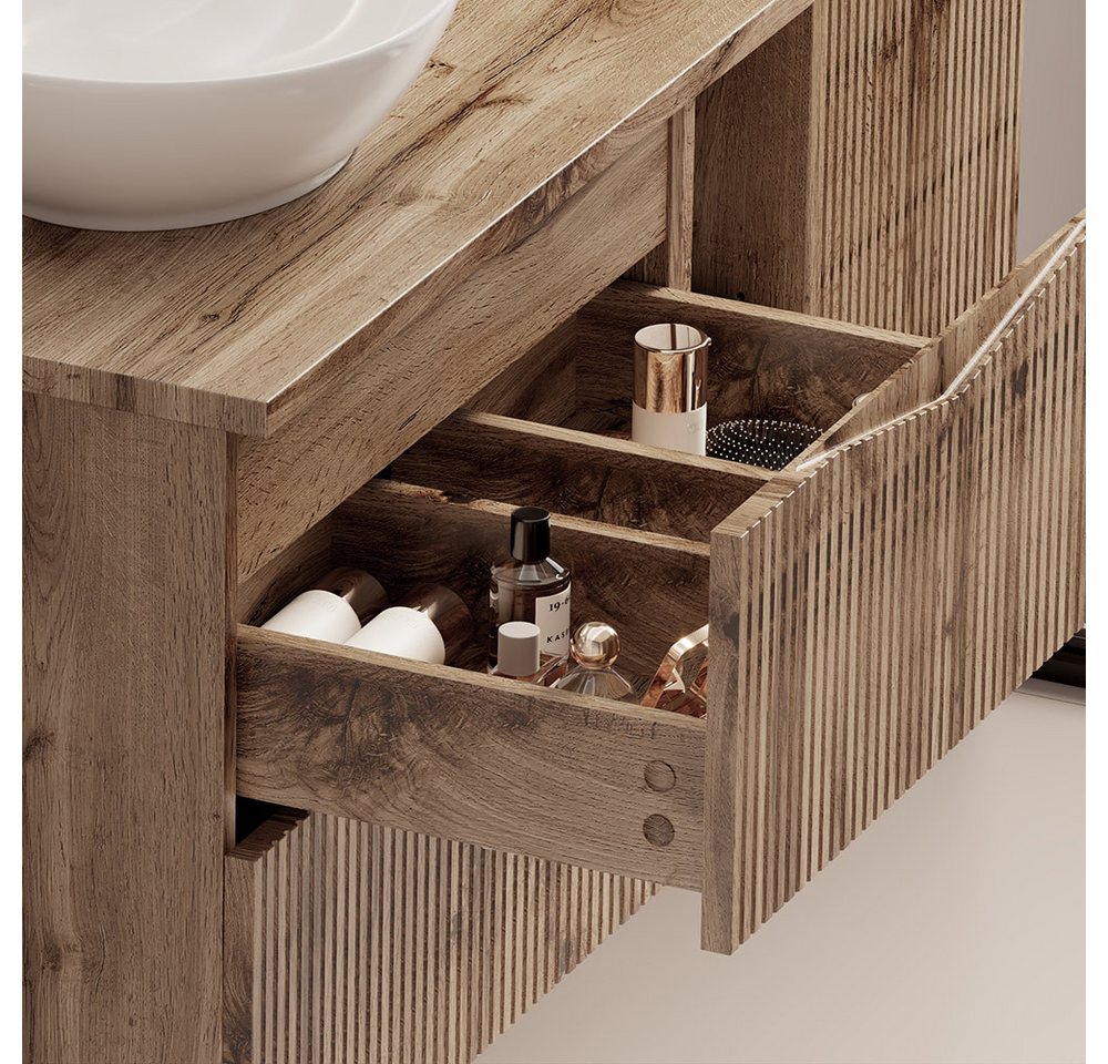 Lomadox Badmöbel-Set CALURI-140, (Spar-Set, 3-St., Spiegelschrank Waschtisch Hochschrank), in Eiche mit gerillter Front, grifflos, wandhängend Bild 5