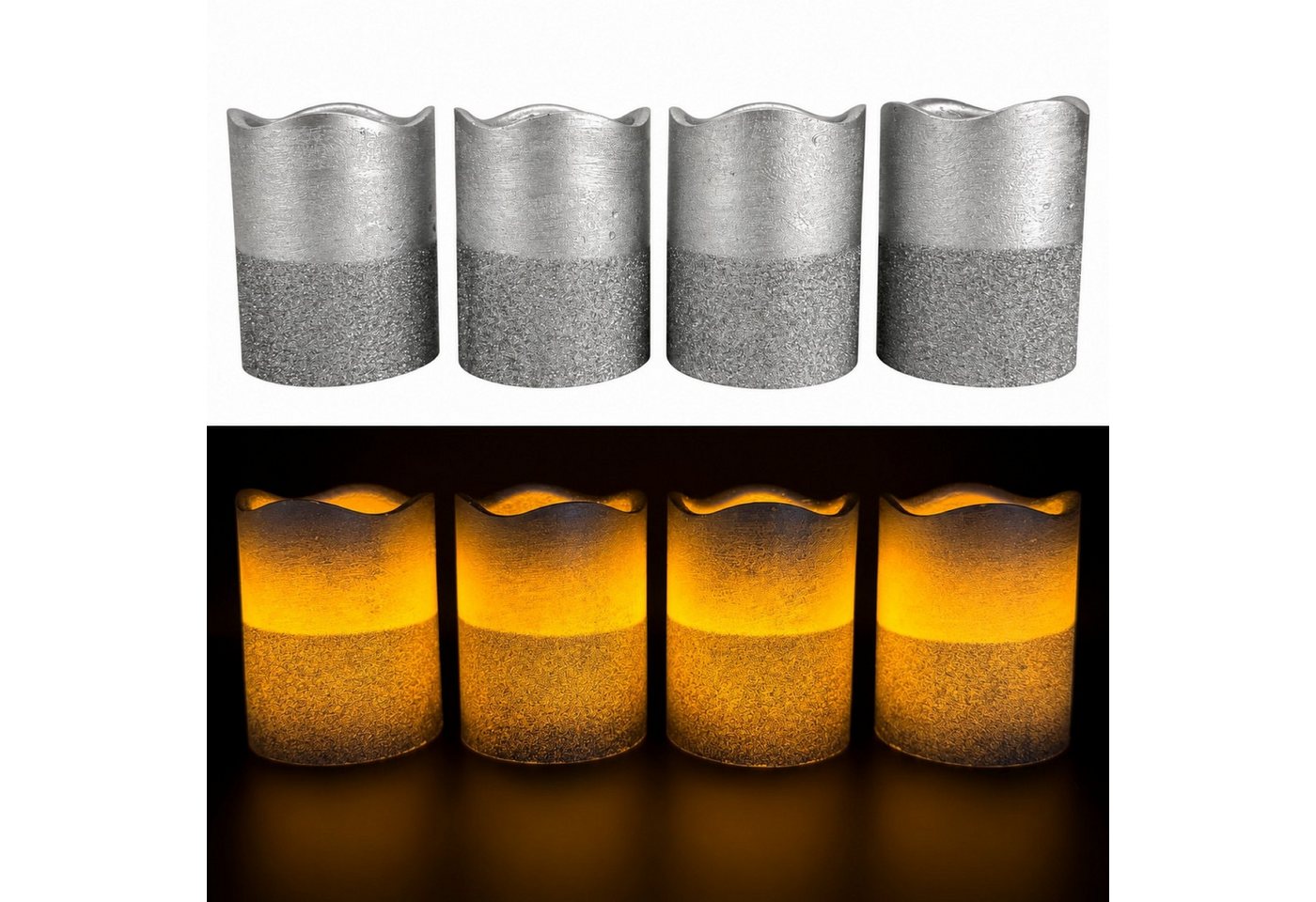 Online-Fuchs LED-Kerze 4 LED-Kerzen aus Echtwachs im Set mit Metallic Glitzer und Timer, KEINE Flamme, leuchtet aus dem Inneren, warmweißer Flackereffekt, praktische 6-Stunden Timerfunktion integriert Bild 3