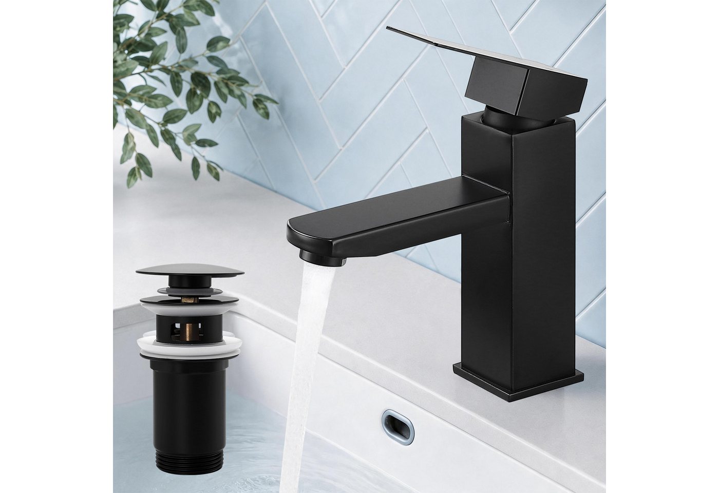HOMELODY Wannenarmatur Wasserhahn Bad Schwarz Edelstahl mit Pop-Up Ablauf Edelstahl Badarmatur mit Ablaufgarnitur 1 1/4 Zoll Waschbecken Armatur Bild 2