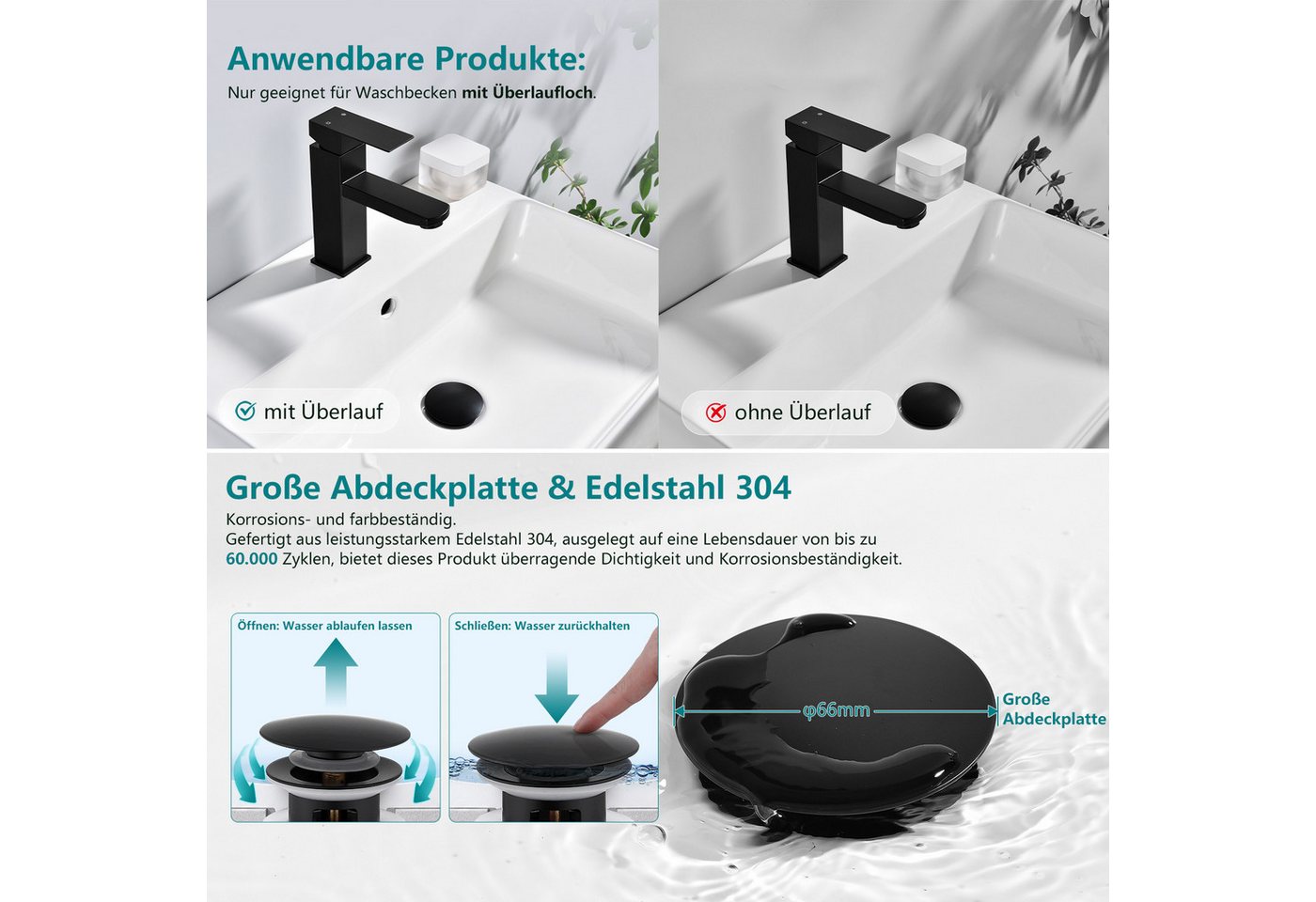 HOMELODY Wannenarmatur Wasserhahn Bad Schwarz Edelstahl mit Pop-Up Ablauf Edelstahl Badarmatur mit Ablaufgarnitur 1 1/4 Zoll Waschbecken Armatur Bild 4