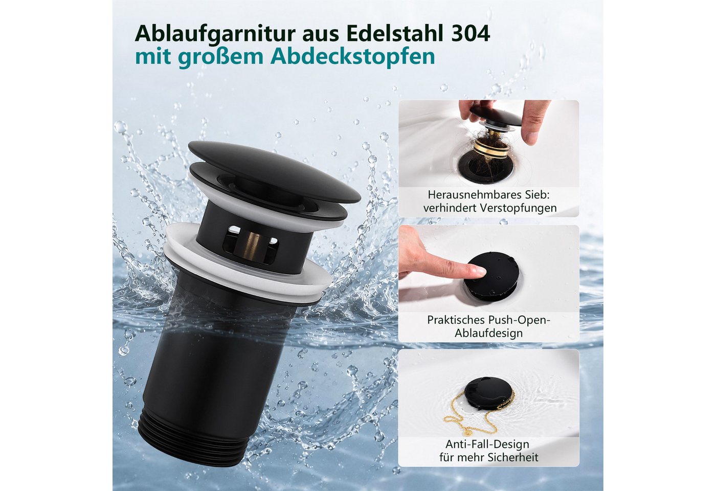 HOMELODY Wannenarmatur Wasserhahn Bad Schwarz Edelstahl mit Pop-Up Ablauf Edelstahl Badarmatur mit Ablaufgarnitur 1 1/4 Zoll Waschbecken Armatur Bild 5