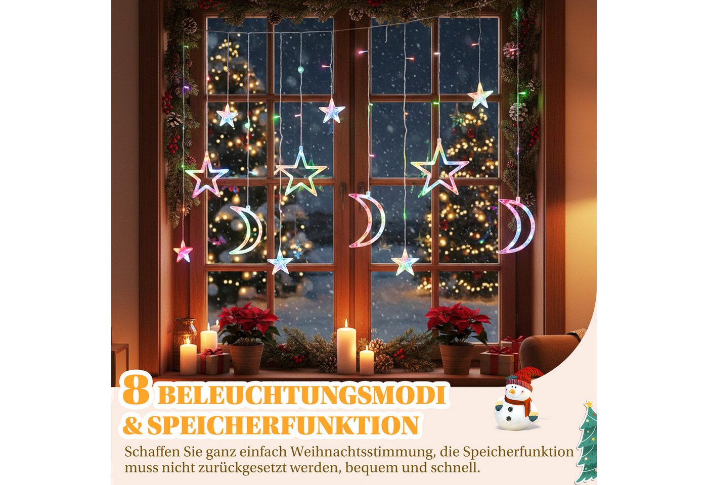 Sunicol LED-Lichterkette Sterne Lichtervorhang Lichternetz, 8 Modi, 3.5M mit Stecker