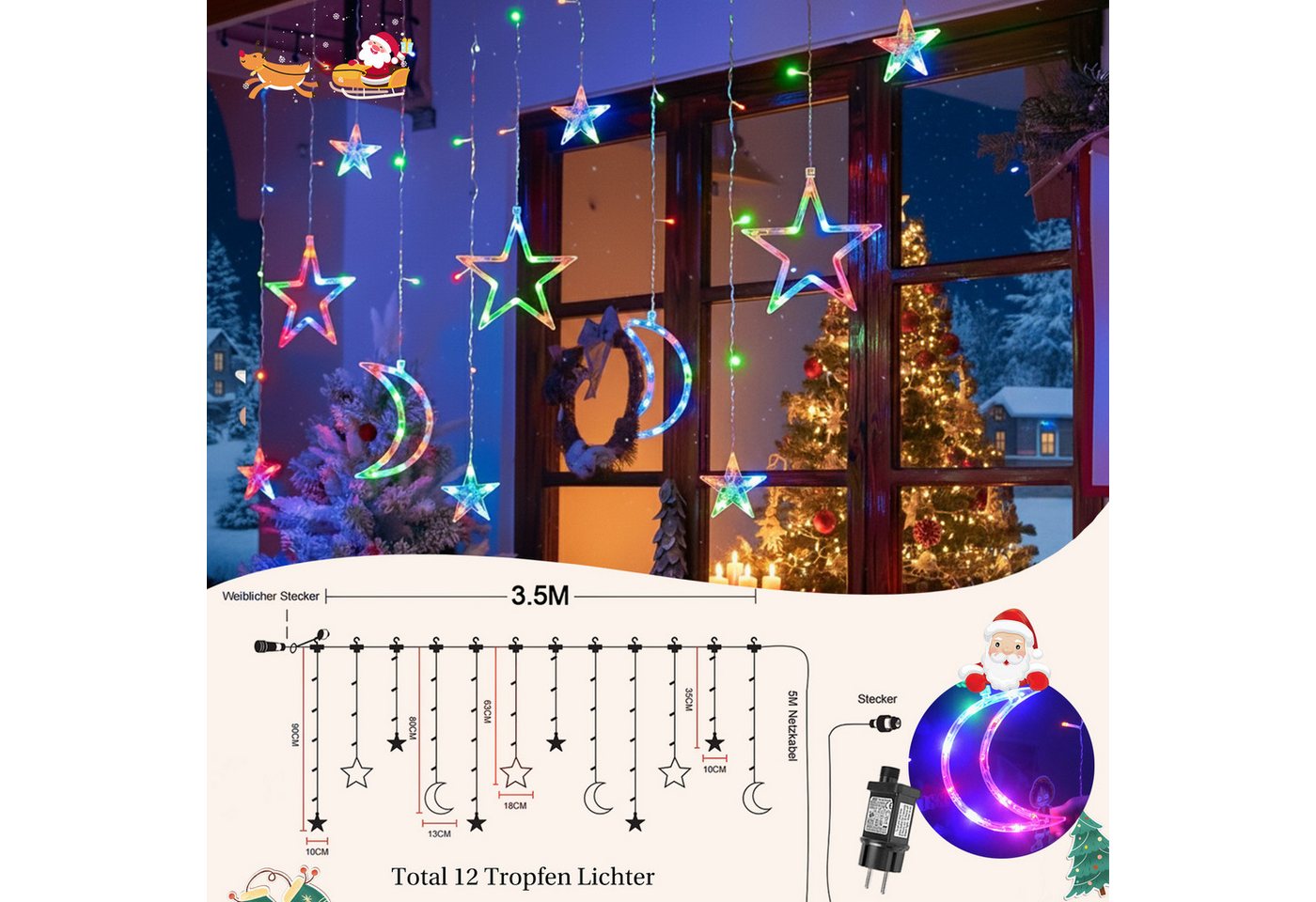 Sunicol LED-Lichterkette Sterne Lichtervorhang Lichternetz, 8 Modi, 3.5M mit Stecker Bild 3