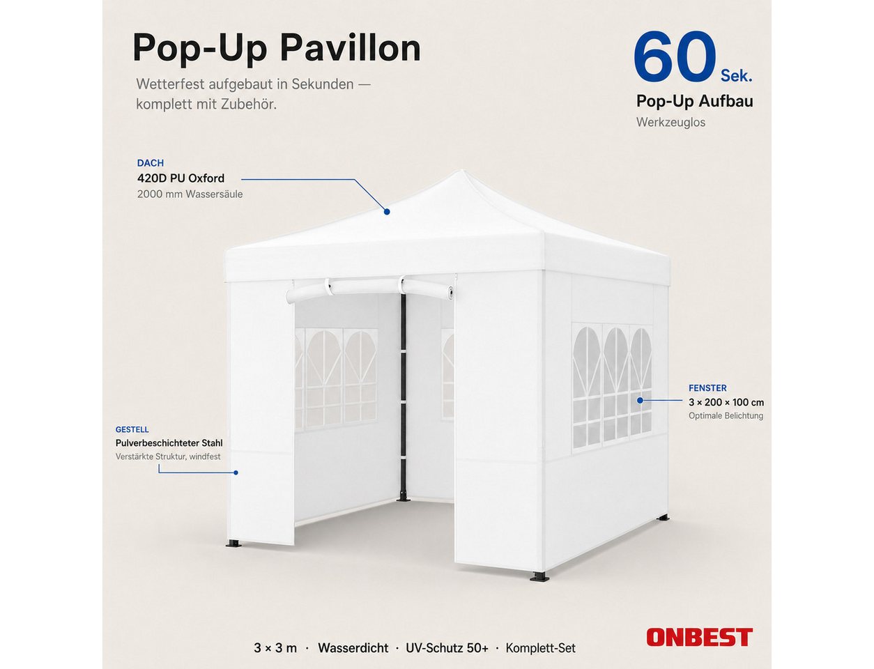 Onbest Pavillon Pavillon 3 x 3 m Pop-up Grau Stahlgestell UV 50+ Seitenwände, mit 4 Seitenteilen, 420 PU Silver Coated Oxford, wasserdicht, UV 50+ Bild 3