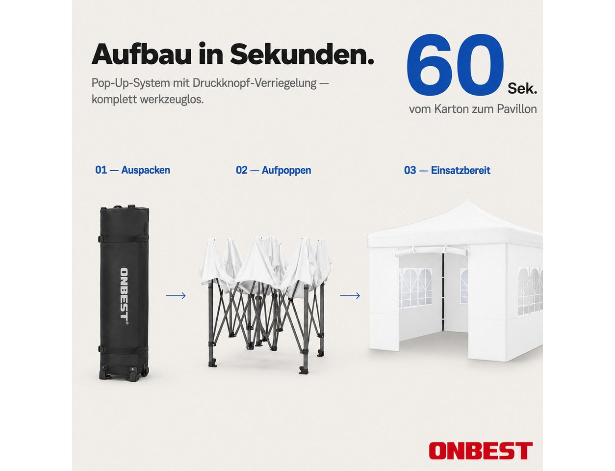 Onbest Pavillon Pavillon 3 x 3 m Pop-up Grau Stahlgestell UV 50+ Seitenwände, mit 4 Seitenteilen, 420 PU Silver Coated Oxford, wasserdicht, UV 50+ Bild 5