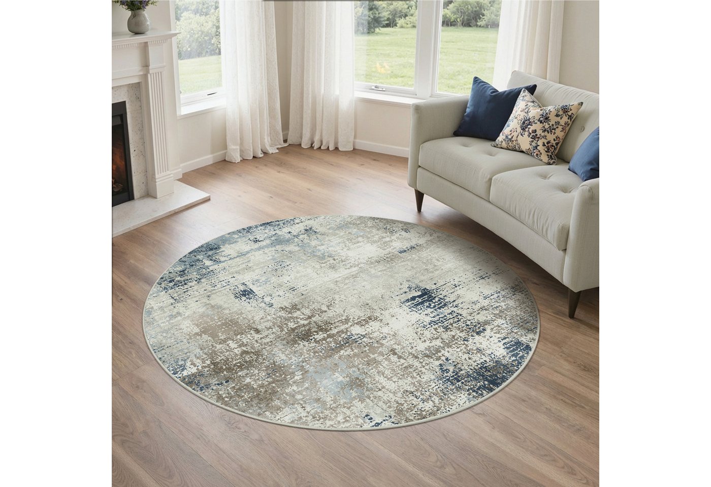 GENIMO Teppich Vintage Boho Teppich Küche Waschbar Schlafzimmer, Wohnzimmer, rund, Höhe: 6 mm, 135×135cm, blau