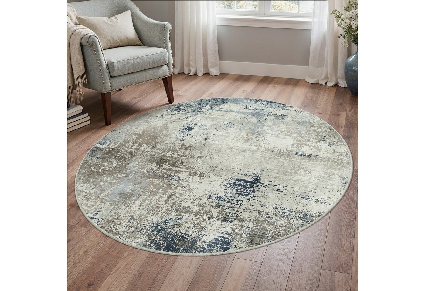 GENIMO Teppich Vintage Boho Teppich Küche Waschbar Schlafzimmer, Wohnzimmer, rund, Höhe: 6 mm, 135×135cm, blau Bild 2