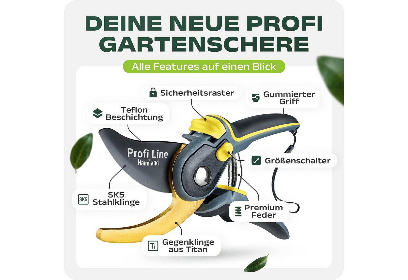 halmland Gartenschere Profi Bypass-Gartenschere – scharfe SK5-Klinge für saubere Schnitte, Astschere mit gehärteter Klinge, einstellbar für große & kleine Hände
