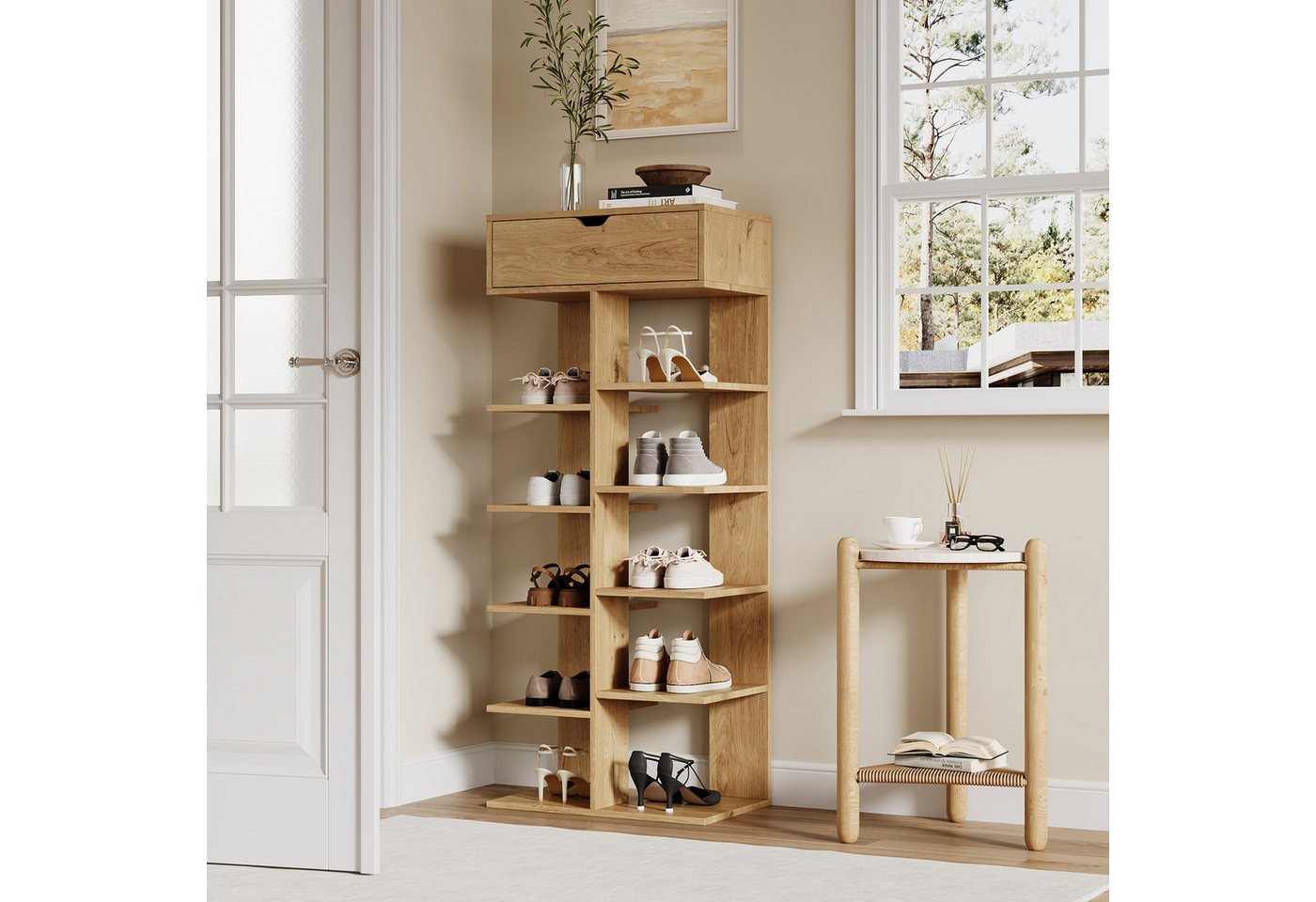 Flieks Schuhregal multifunktionaler Schuhschrank mit 1 Schublade und 10 Ablagefächern, B55xH133XT33 cm 1-tlg., Standregal Bücherregal platzsparend, 10 Ebenen, Holzoptik Natur