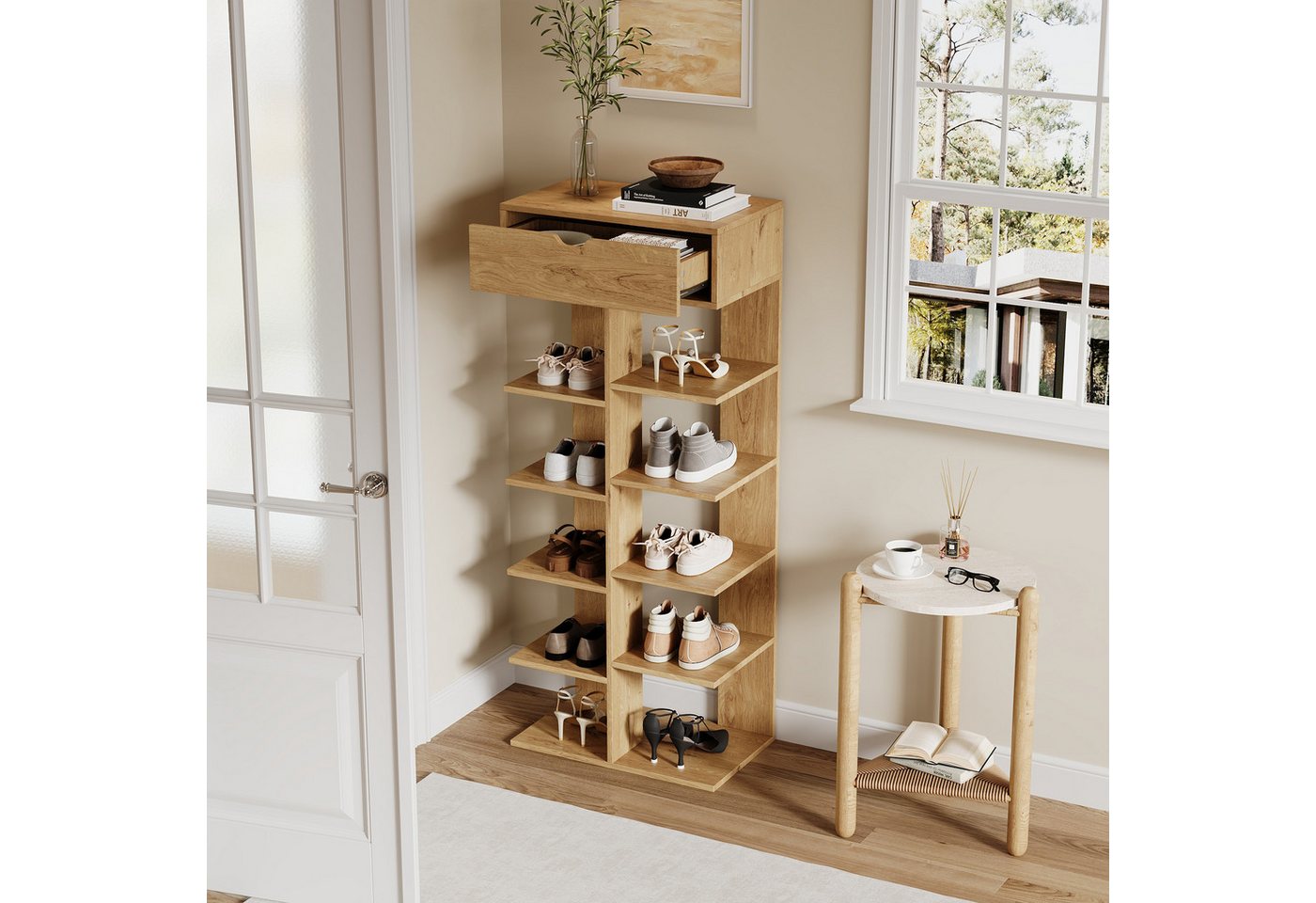 Flieks Schuhregal multifunktionaler Schuhschrank mit 1 Schublade und 10 Ablagefächern, B55xH133XT33 cm 1-tlg., Standregal Bücherregal platzsparend, 10 Ebenen, Holzoptik Natur Bild 3