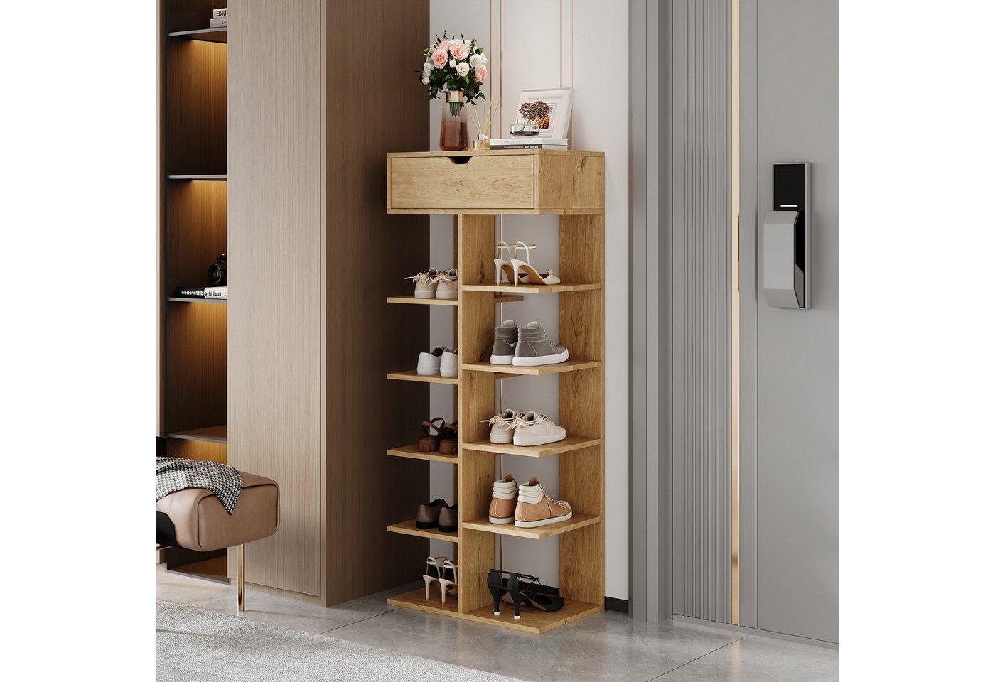 Flieks Schuhregal multifunktionaler Schuhschrank mit 1 Schublade und 10 Ablagefächern, B55xH133XT33 cm 1-tlg., Standregal Bücherregal platzsparend, 10 Ebenen, Holzoptik Natur Bild 4