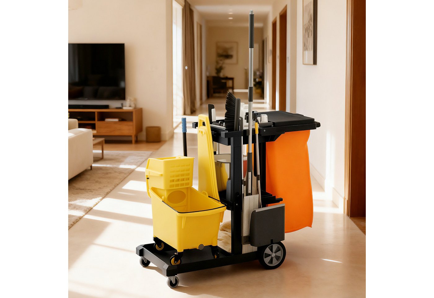 HOMCOM Putzeimer Reinigungswagen Putzwagen mit Müllsack mit Abdeckung, Griff, (Set, 1-tlg., Wischwagen), 121 x 50,5 x 100 cm Schwarz