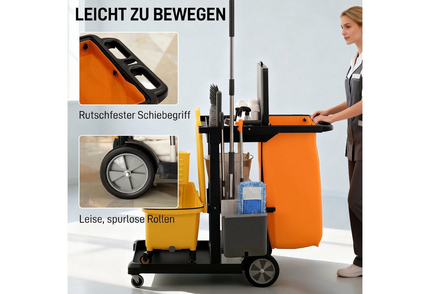 HOMCOM Putzeimer Reinigungswagen Putzwagen mit Müllsack mit Abdeckung, Griff, (Set, 1-tlg., Wischwagen), 121 x 50,5 x 100 cm Schwarz Bild 2