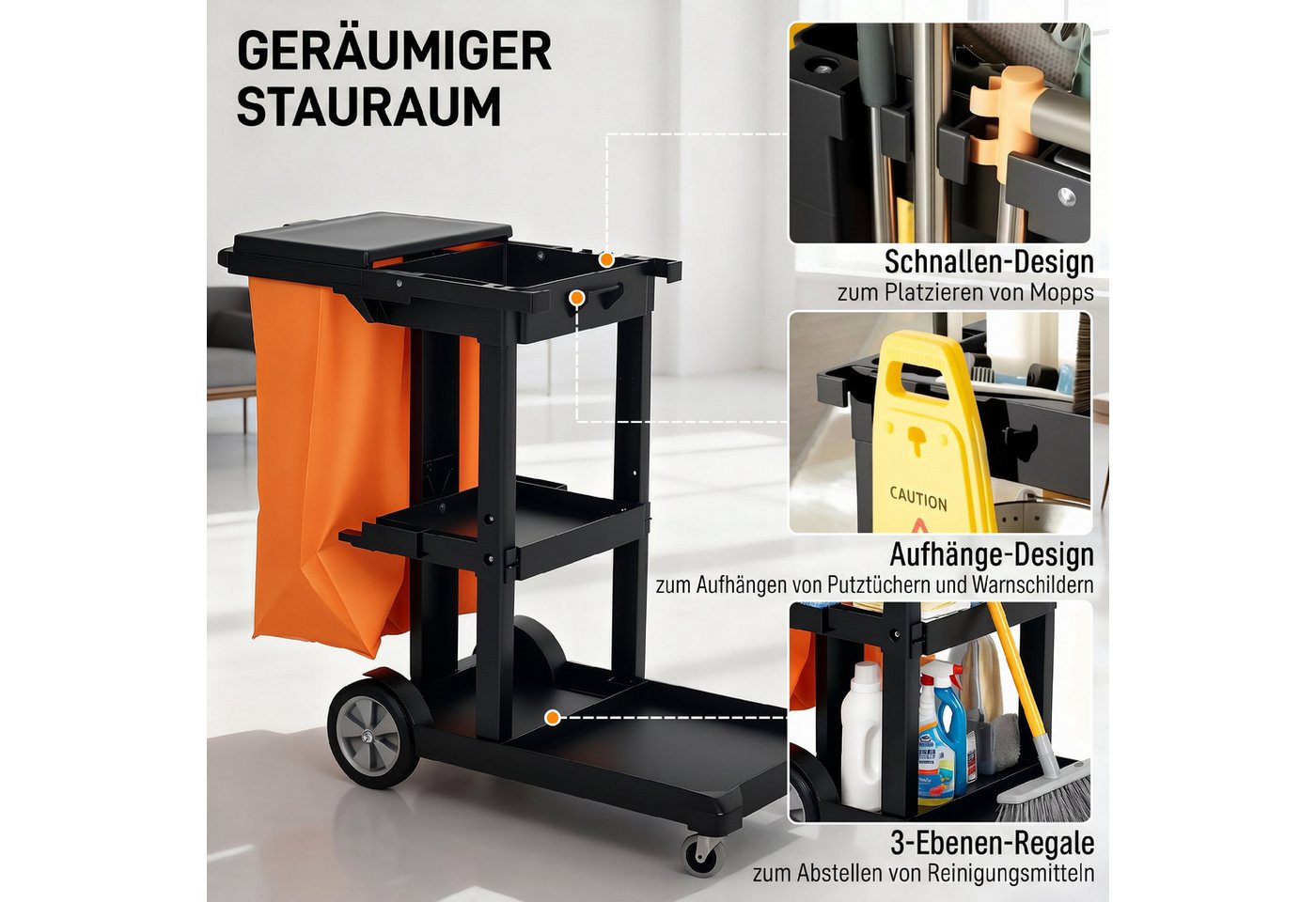 HOMCOM Putzeimer Reinigungswagen Putzwagen mit Müllsack mit Abdeckung, Griff, (Set, 1-tlg., Wischwagen), 121 x 50,5 x 100 cm Schwarz Bild 5