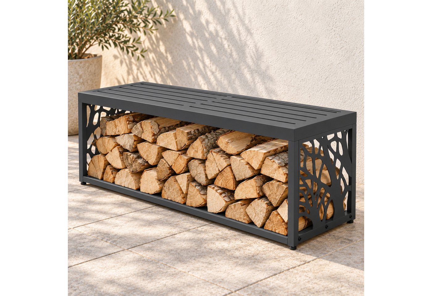HAGO Kaminholzregal Feuerholzregal Kaminholz Holzlager Stapelhilfe Sitzbank Gartenbank, BxTxH:120x38x43 cm, 2in1 Sitzbank & Holzlager, wetterfest, 220kg, Anthrazit, Muster