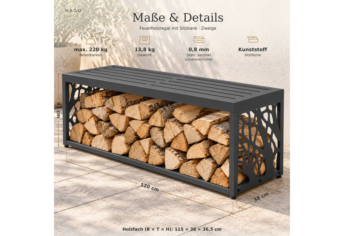 HAGO Kaminholzregal Feuerholzregal Kaminholz Holzlager Stapelhilfe Sitzbank Gartenbank, BxTxH:120x38x43 cm, 2in1 Sitzbank & Holzlager, wetterfest, 220kg, Anthrazit, Muster Bild 2