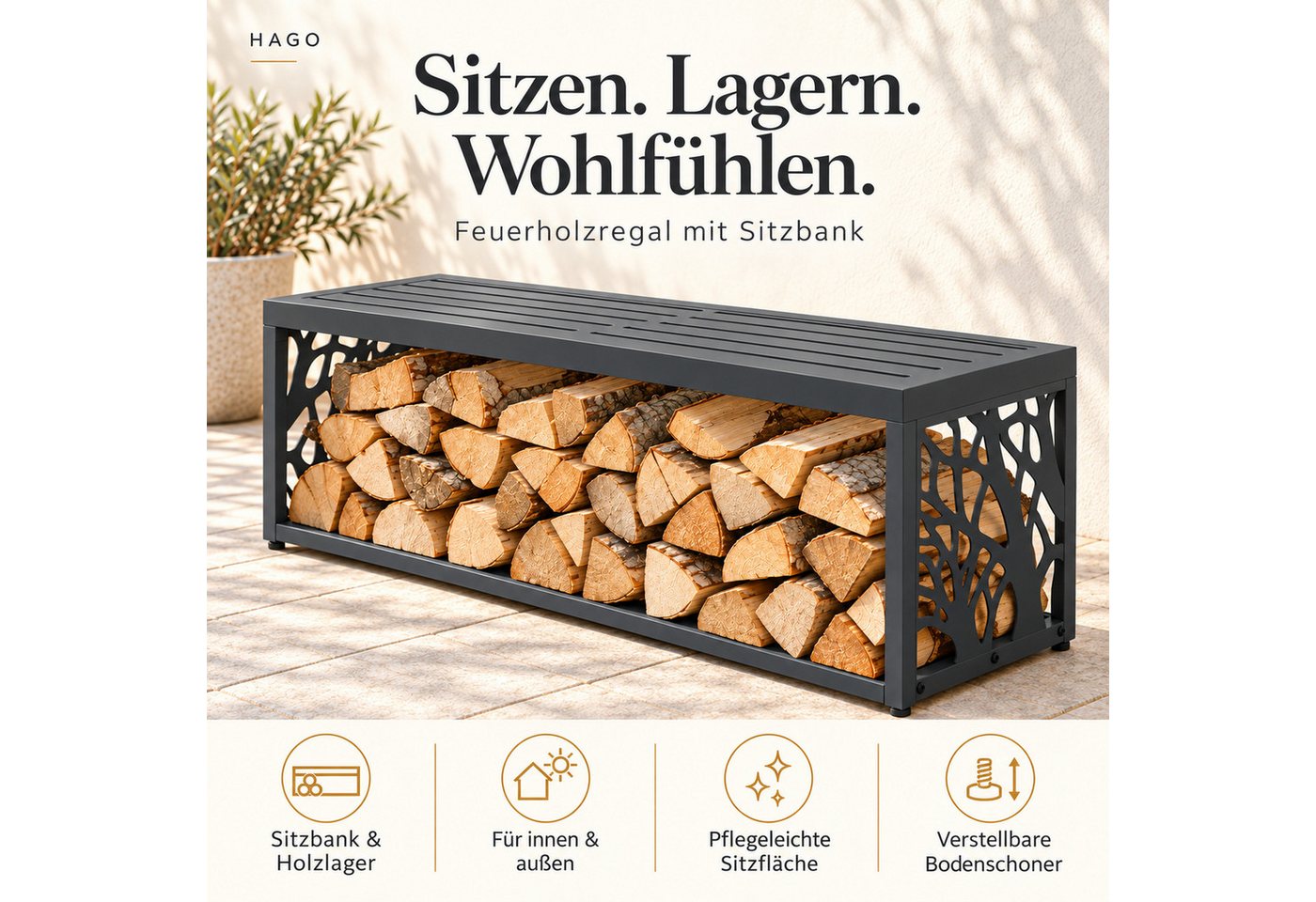 HAGO Kaminholzregal Feuerholzregal Kaminholz Holzlager Stapelhilfe Sitzbank Gartenbank, BxTxH:120x38x43 cm, 2in1 Sitzbank & Holzlager, wetterfest, 220kg, Anthrazit, Muster Bild 4