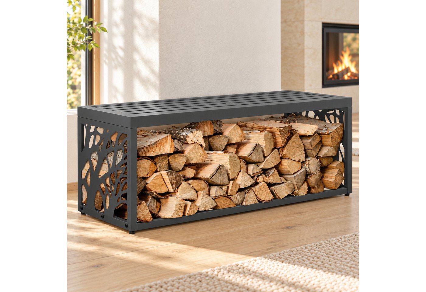 HAGO Kaminholzregal Feuerholzregal Kaminholz Holzlager Stapelhilfe Sitzbank Gartenbank, BxTxH:120x38x43 cm, 2in1 Sitzbank & Holzlager, wetterfest, 220kg, Anthrazit, Muster Bild 5