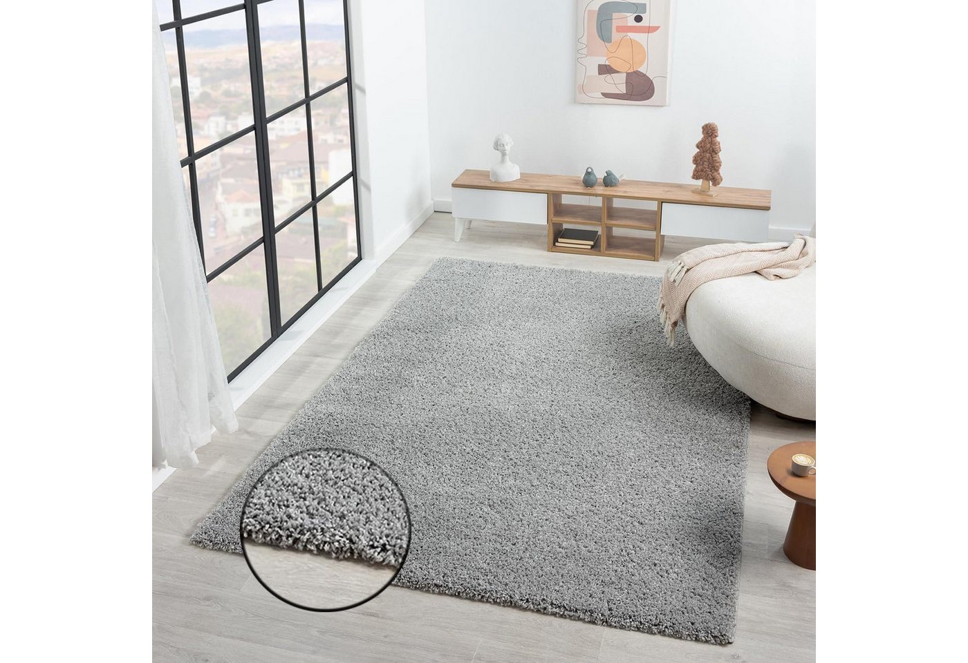 Vimoda Hochflor-Teppich prime, Shaggy Langflor, Uni Grau, Rechteckig, Höhe: 30 mm, Läufer, Teppich Wohnzimmer, Schlafzimmer, Esszimmer