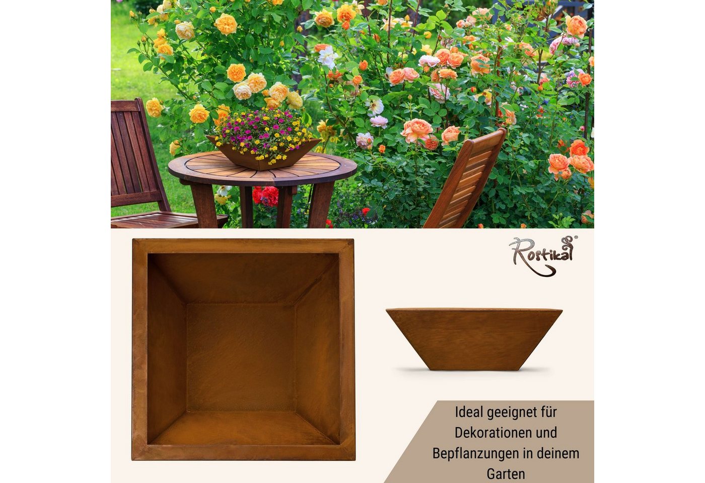 Rostikal Pflanzschale Gartendeko Blumenschale 40 x 40 cm (1 St), echter Rost Bild 2