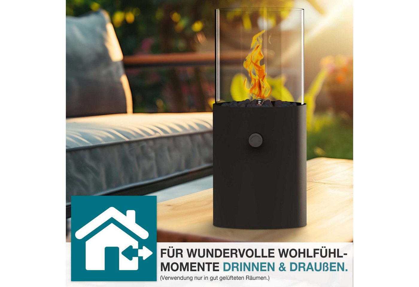 TOM Tischfeuer Gas-Tischkamin mit 3 Stechkartuschen à 190 g, bis 12 h, Dekosteine, Outdoor, Indoor, Rund