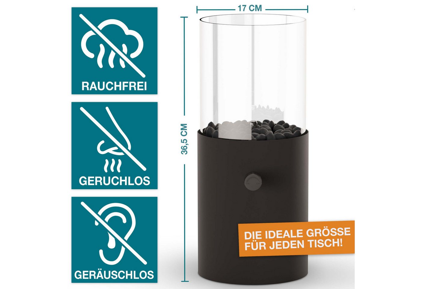 TOM Tischfeuer Gas-Tischkamin mit 3 Stechkartuschen à 190 g, bis 12 h, Dekosteine, Outdoor, Indoor, Rund Bild 2