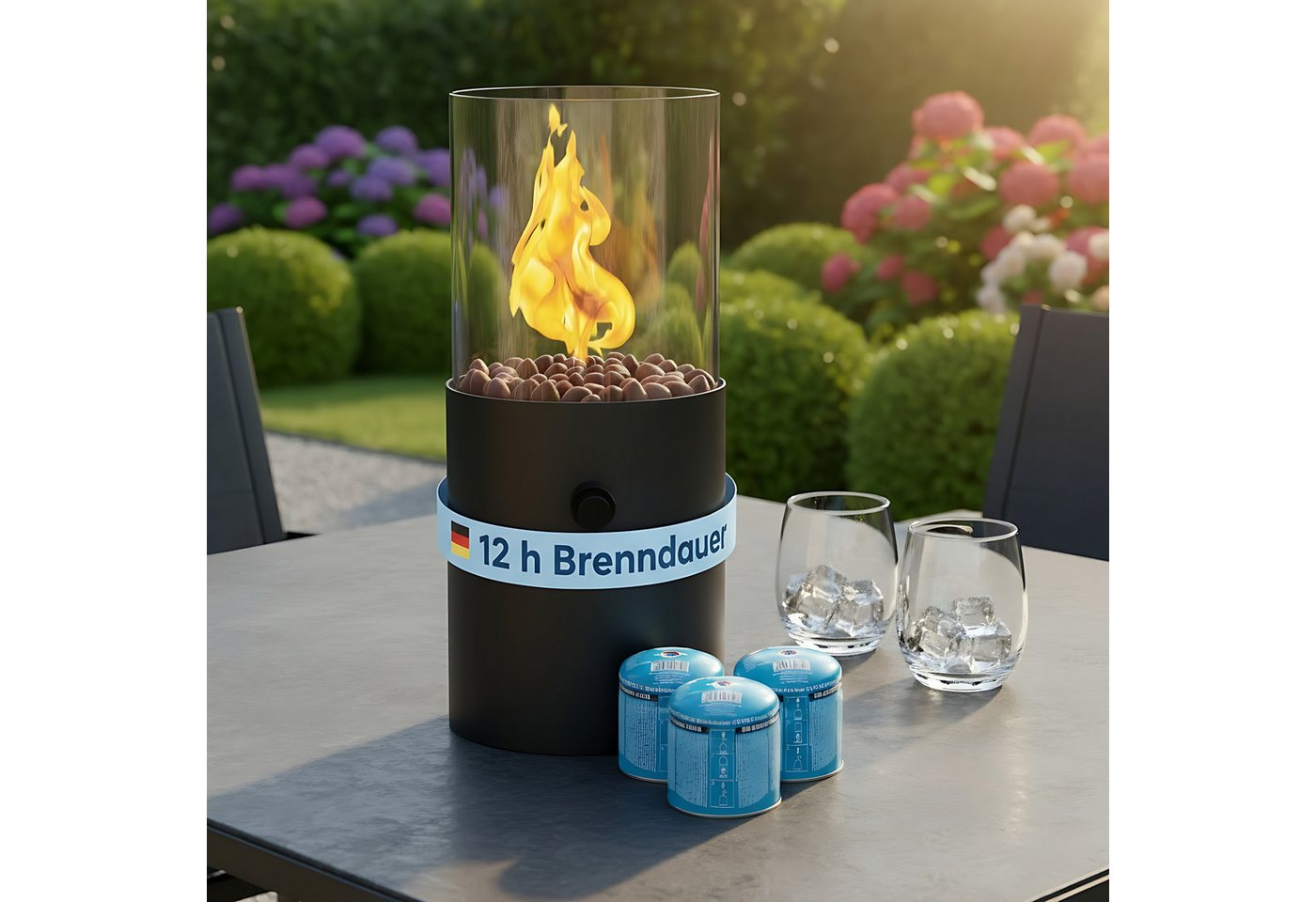 TOM Tischfeuer Gas-Tischkamin mit 3 Stechkartuschen à 190 g, bis 12 h, Dekosteine, Outdoor, Indoor, Rund Bild 3