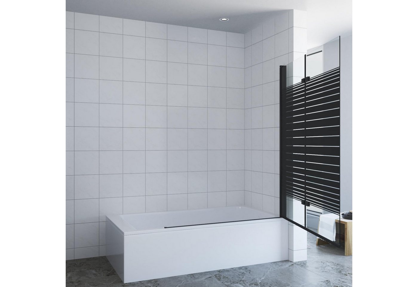 AQUALAVOS Badewannenfaltwand Badewannenaufsatz Badewannenabtrennung 120x140 cm ohne bohren, schwarz Streifen 5 mm Einscheiben-Sicherheitsglas (ESG) mit Nano Beschichtung, 2 Teilig faltbar Duschtrennwand Stabiler Kleben/Bohren R/L Montage