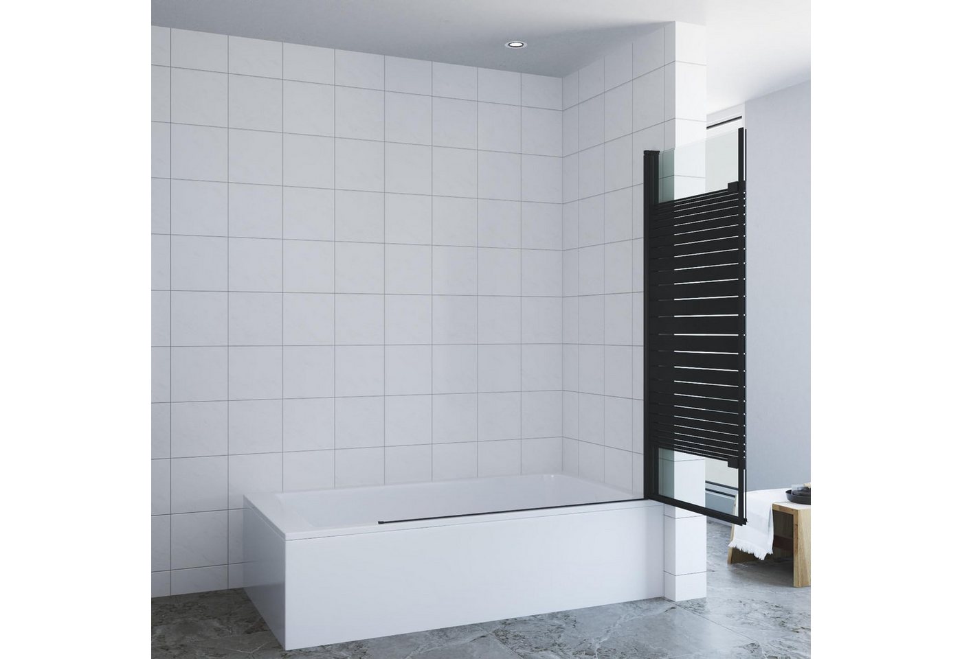 AQUALAVOS Badewannenfaltwand Badewannenaufsatz Badewannenabtrennung 120x140 cm ohne bohren, schwarz Streifen 5 mm Einscheiben-Sicherheitsglas (ESG) mit Nano Beschichtung, 2 Teilig faltbar Duschtrennwand Stabiler Kleben/Bohren R/L Montage Bild 2