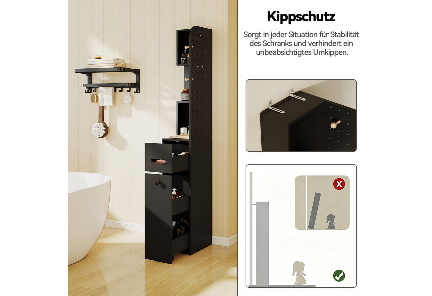 Puluomis Badkommode Badezimmerschrank mit Schubladen, Lochwand, Hochschrank schmal, 35x24x165 cm, Aufbewahrungsschrank für Bad, Küche Bild 2