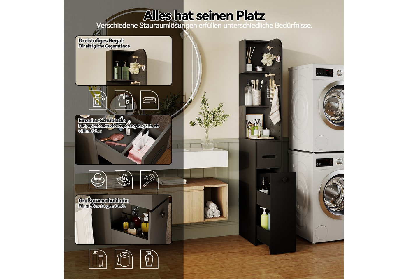 Puluomis Badkommode Badezimmerschrank mit Schubladen, Lochwand, Hochschrank schmal, 35x24x165 cm, Aufbewahrungsschrank für Bad, Küche Bild 4