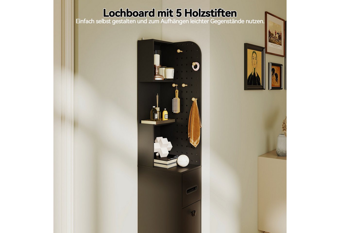 Puluomis Badkommode Badezimmerschrank mit Schubladen, Lochwand, Hochschrank schmal, 35x24x165 cm, Aufbewahrungsschrank für Bad, Küche Bild 5