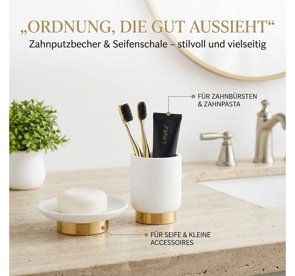 LikeKa Badaccessoire-Set 3-teilig–,Mattes Polyresin & Goldener Edelstahlsockel