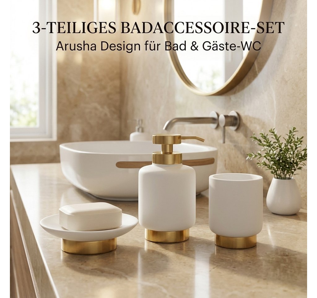 LikeKa Badaccessoire-Set 3-teilig–,Mattes Polyresin & Goldener Edelstahlsockel Bild 2