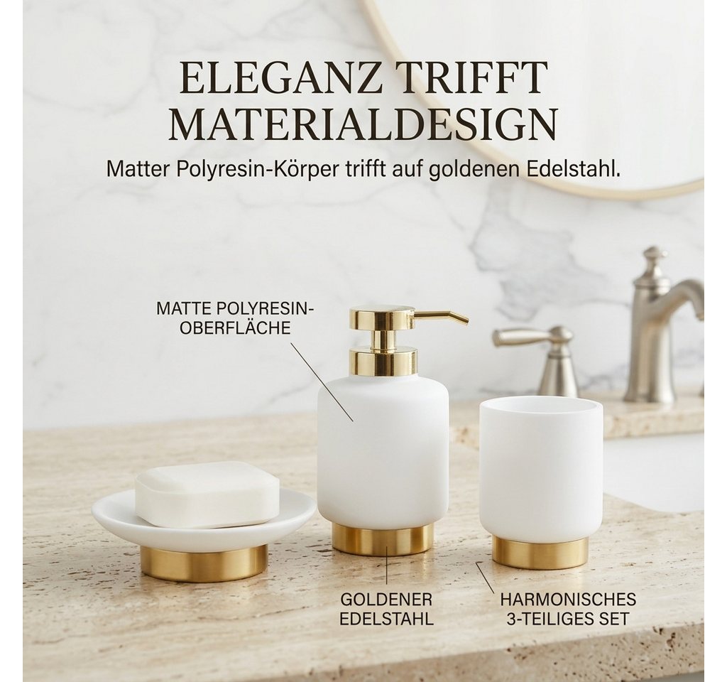 LikeKa Badaccessoire-Set 3-teilig–,Mattes Polyresin & Goldener Edelstahlsockel Bild 4