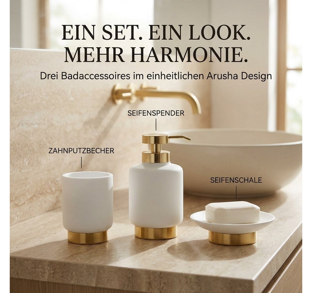 LikeKa Badaccessoire-Set 3-teilig–,Mattes Polyresin & Goldener Edelstahlsockel Bild 5