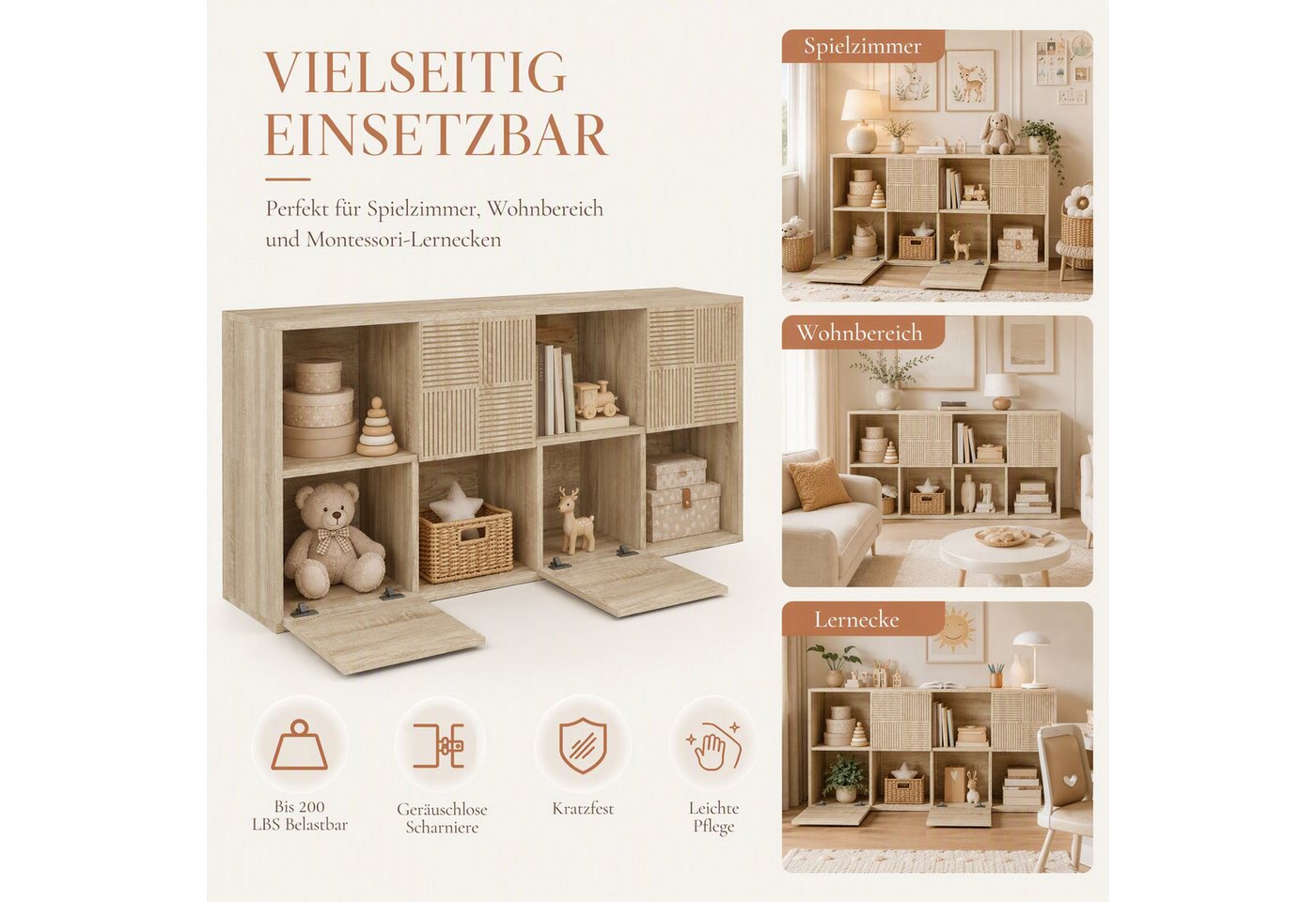 Simurq Bücherregal holz mit türen aufbewahrungsregal kinder bücherschrank mit fächern, 1-St, Stauraumregal mit 8 Fächer und 4 Türen, Flexible Aufstellung, Wohnzimmerregal Modernes Standregal Stauraumregal für Wohnzimmer Büro