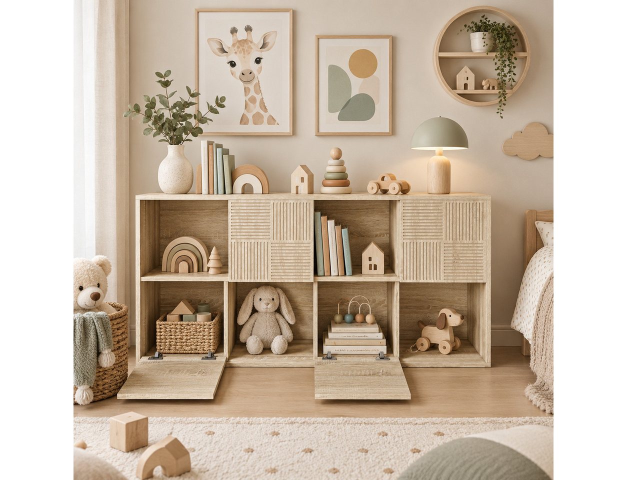 Simurq Bücherregal holz mit türen aufbewahrungsregal kinder bücherschrank mit fächern, 1-St, Stauraumregal mit 8 Fächer und 4 Türen, Flexible Aufstellung, Wohnzimmerregal Modernes Standregal Stauraumregal für Wohnzimmer Büro Bild 2