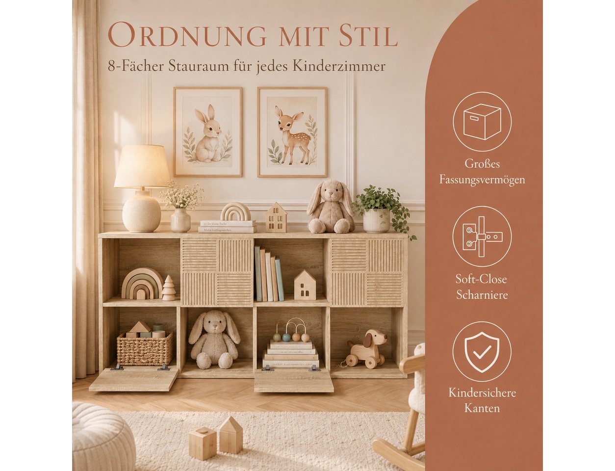 Simurq Bücherregal holz mit türen aufbewahrungsregal kinder bücherschrank mit fächern, 1-St, Stauraumregal mit 8 Fächer und 4 Türen, Flexible Aufstellung, Wohnzimmerregal Modernes Standregal Stauraumregal für Wohnzimmer Büro Bild 3