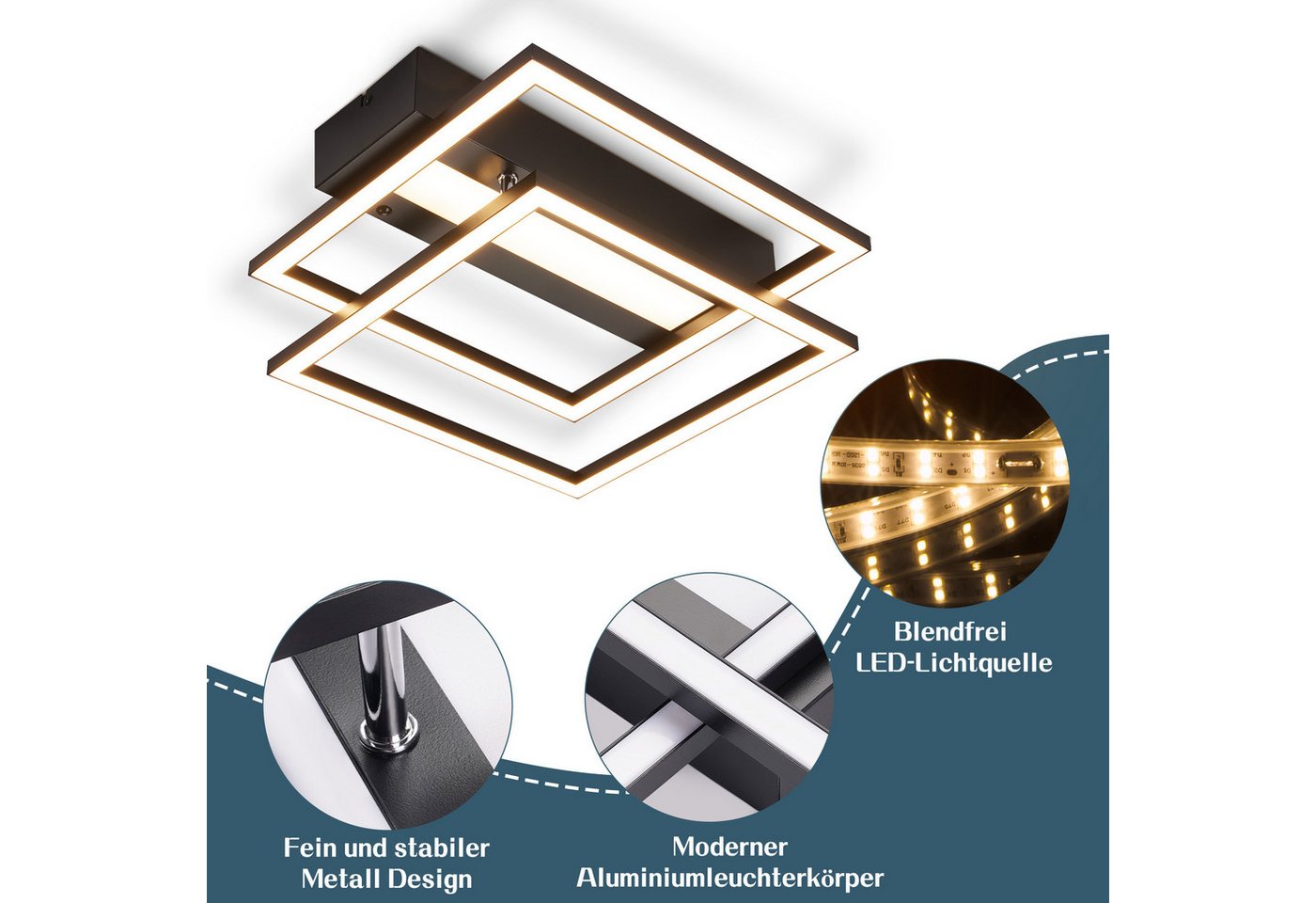 ZMH LED Deckenleuchte Schwarzes Quadrat, beidseitig, dimmbar und farblich anpassbar, LED fest integriert, 42W LED 0%-100% dimmbar mit Timer für Schlafzimmer & Wohnzimmer