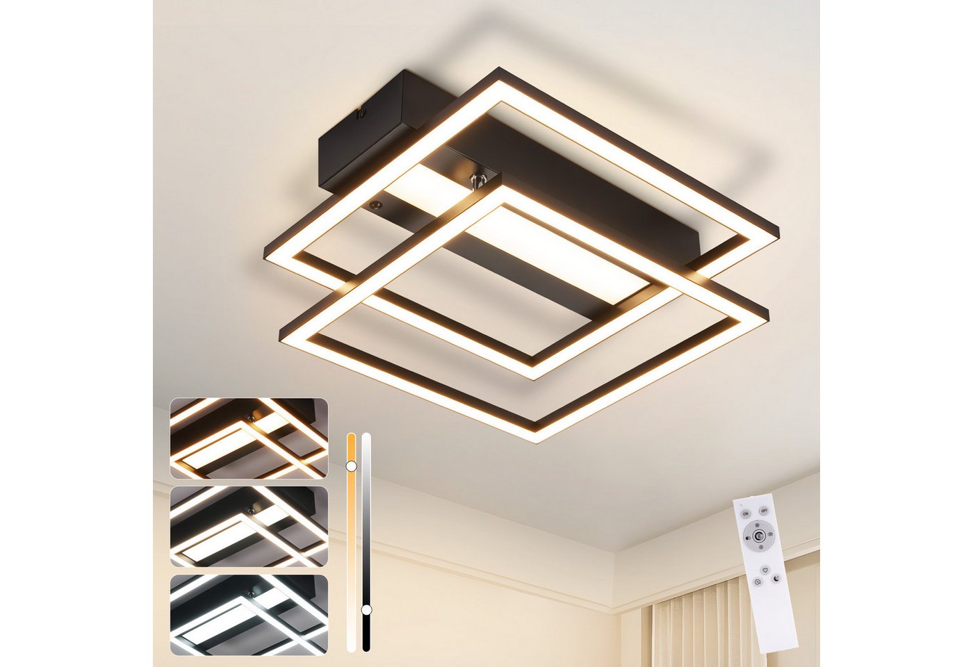 ZMH LED Deckenleuchte Schwarzes Quadrat, beidseitig, dimmbar und farblich anpassbar, LED fest integriert, 42W LED 0%-100% dimmbar mit Timer für Schlafzimmer & Wohnzimmer Bild 2