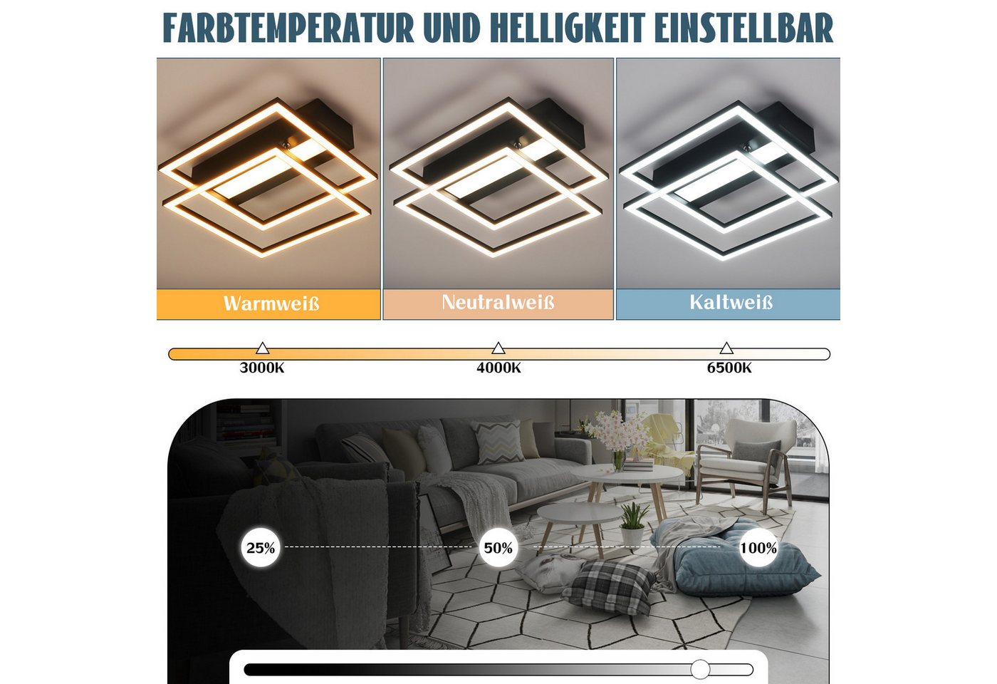 ZMH LED Deckenleuchte Schwarzes Quadrat, beidseitig, dimmbar und farblich anpassbar, LED fest integriert, 42W LED 0%-100% dimmbar mit Timer für Schlafzimmer & Wohnzimmer Bild 3