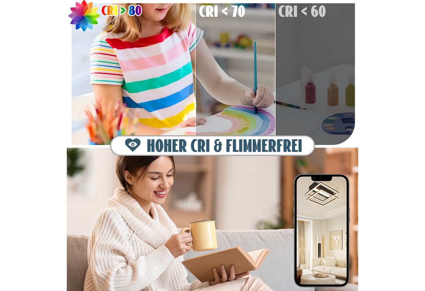 ZMH LED Deckenleuchte Schwarzes Quadrat, beidseitig, dimmbar und farblich anpassbar, LED fest integriert, 42W LED 0%-100% dimmbar mit Timer für Schlafzimmer & Wohnzimmer Bild 5