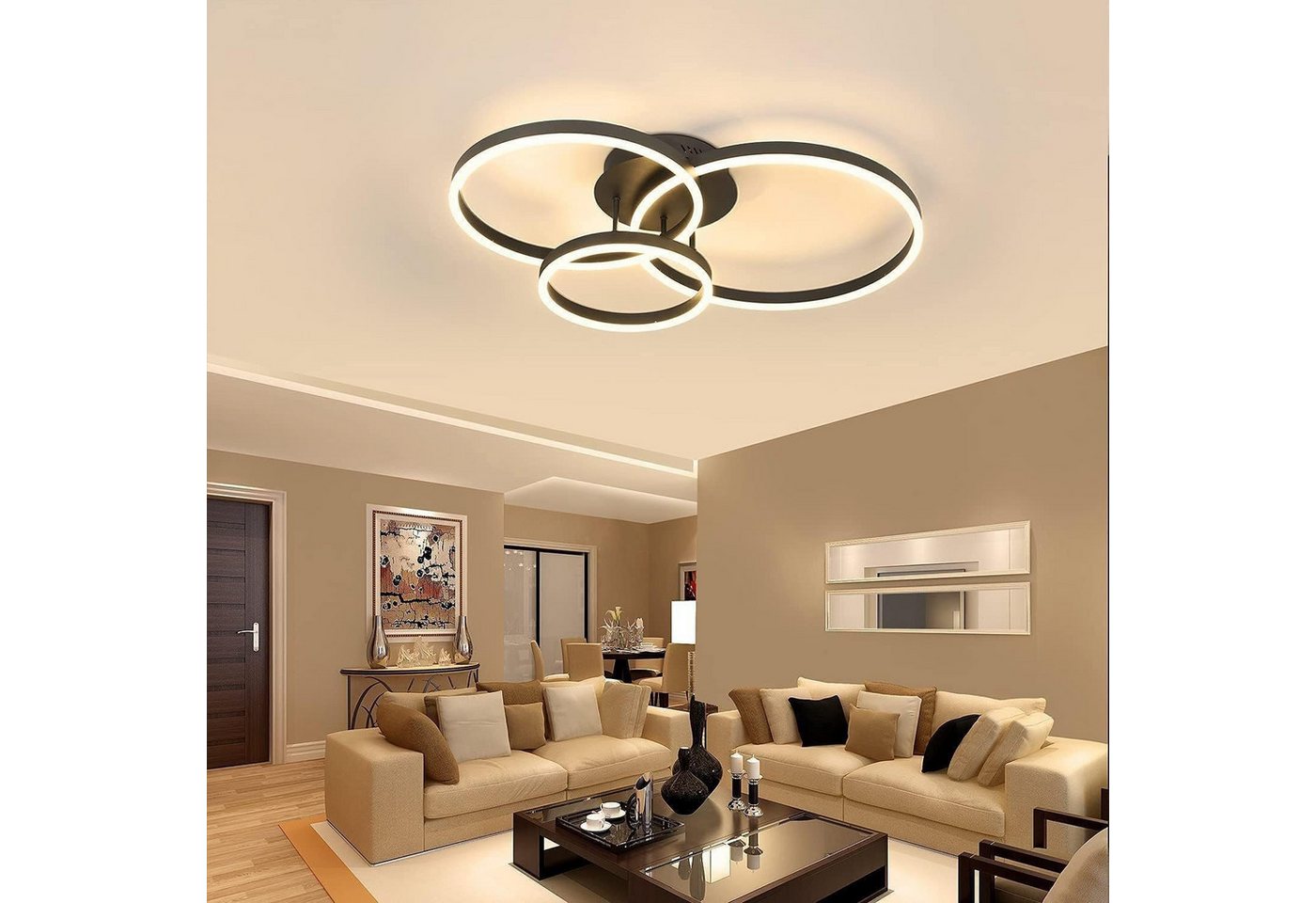 Nettlife LED Deckenleuchte Wohnzimmer Dimmbar Schwarz/Gold Modern 2/3/4/5 Ring Fernbedienung, 3000K-6500K, Warmweiß,Naturweiß, Kaltweiß, LED fest integriert, 81.5*54.5*15cm 74W für Wohnzimmer,Schlafzimmer,Küche,Esszimmer,Büro Bild 2